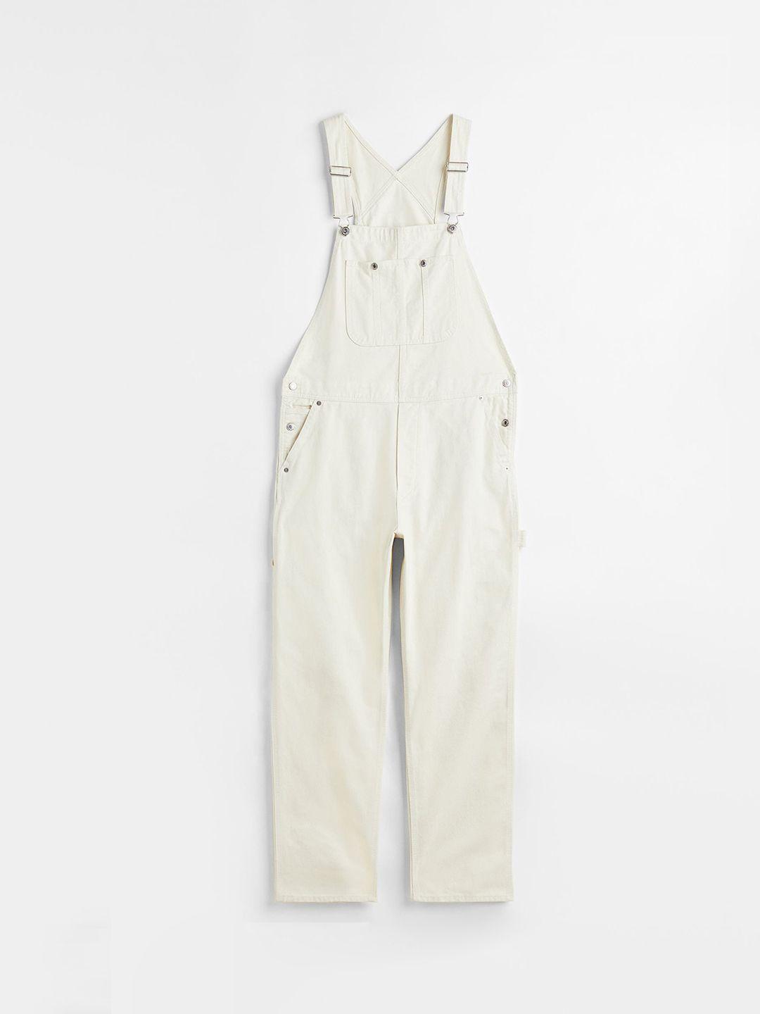 h&m men white cotton relaxed fit dungarees