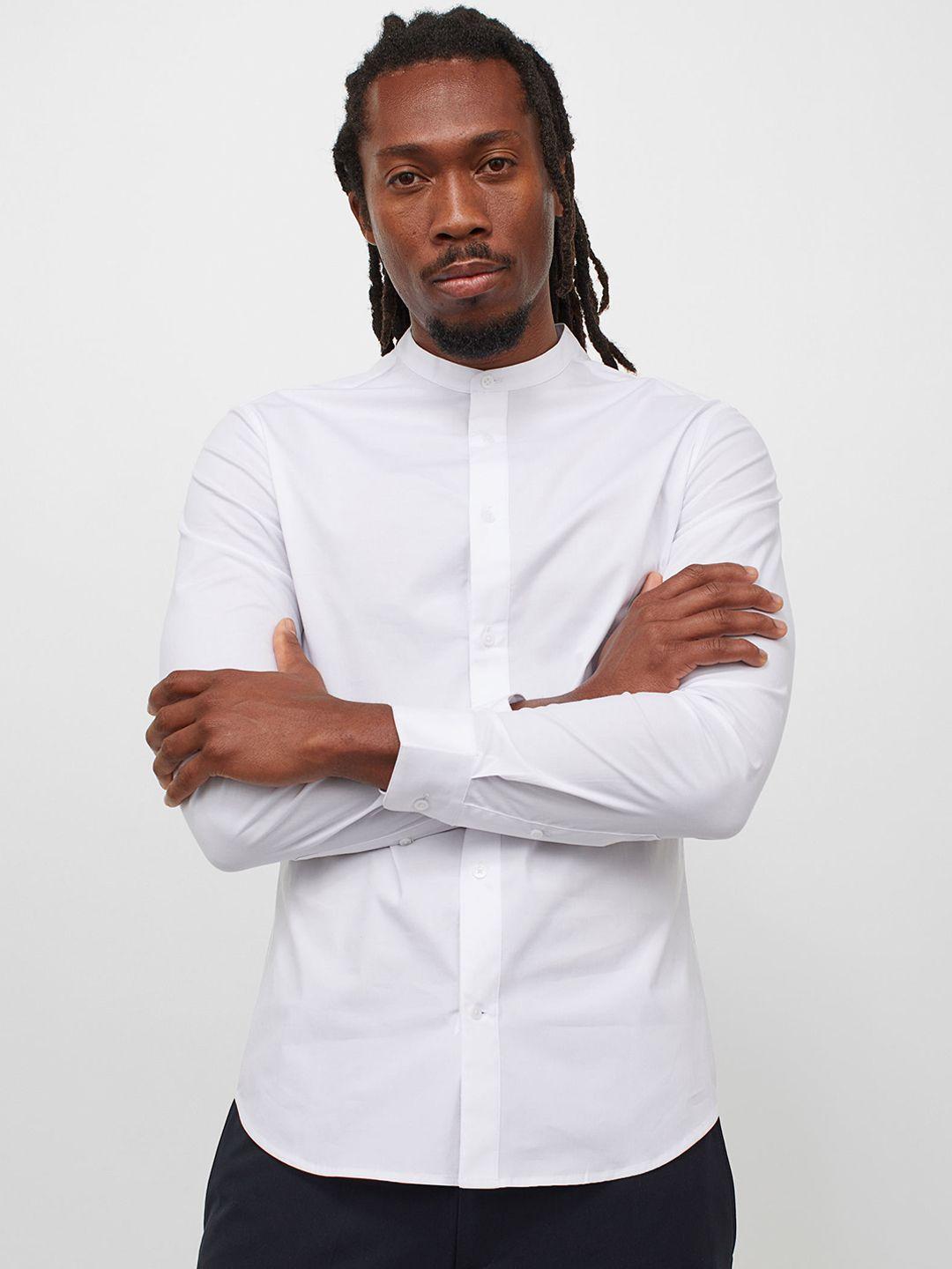 h&m men white solid muscle fit grandad shirt