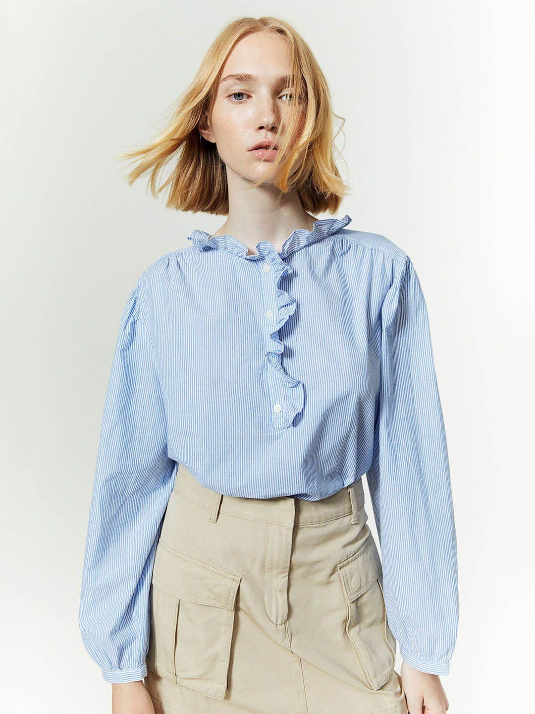 h&m pure cotton frill-trimmed pop-over blouse