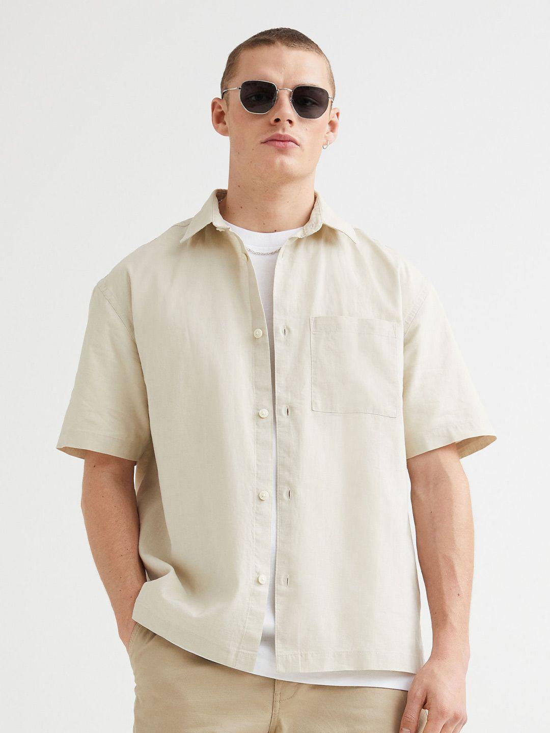 h&m relaxed fit short-sleeved linen-blend shirt