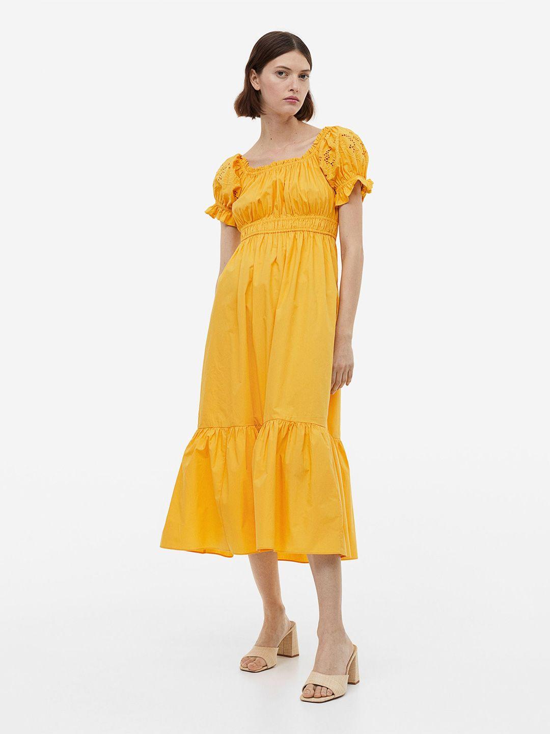 h&m solid pure cotton schiffli off-the-shoulder dress