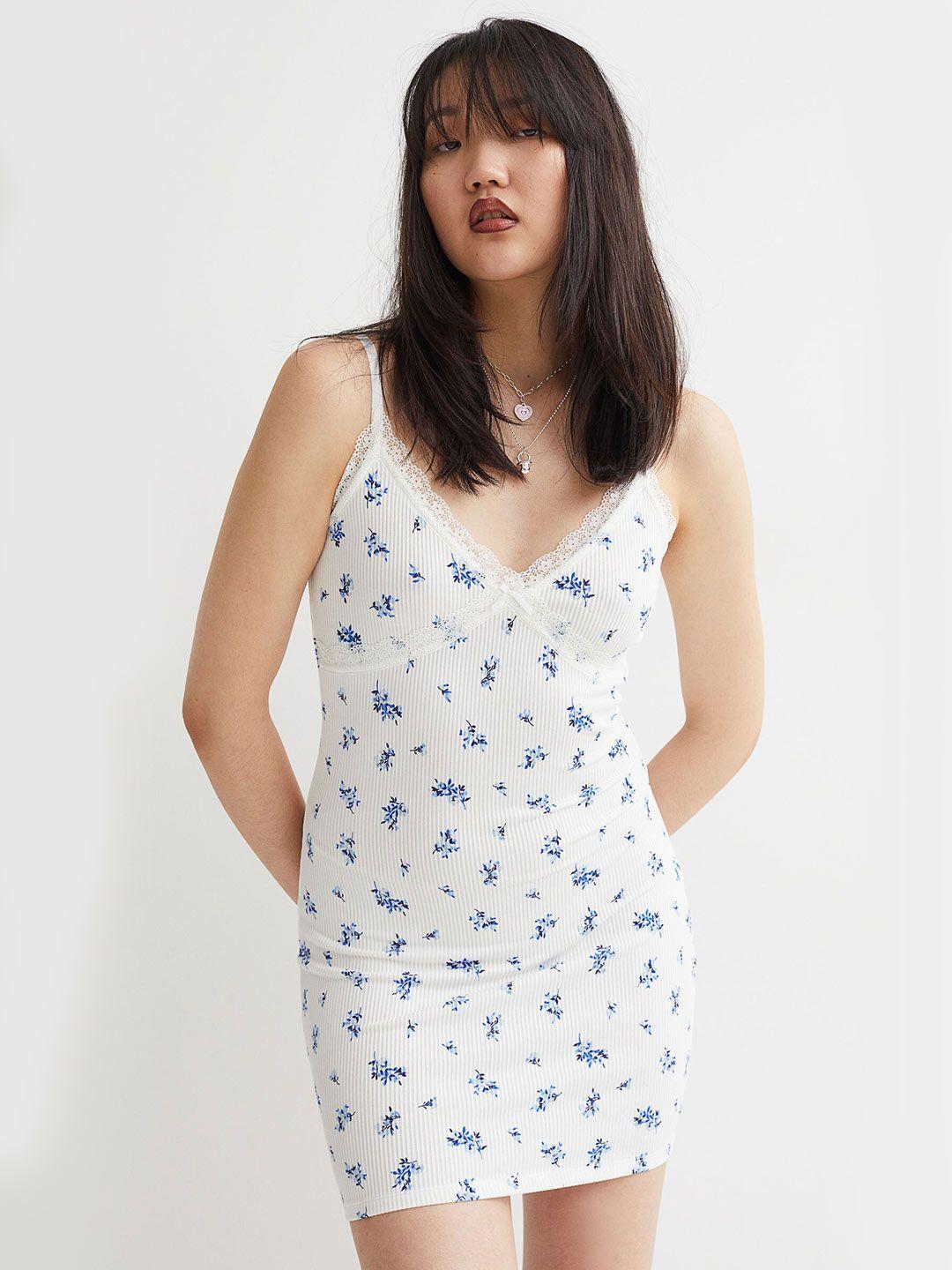 h&m white & blue floral printed ribbed lace bodycon dress