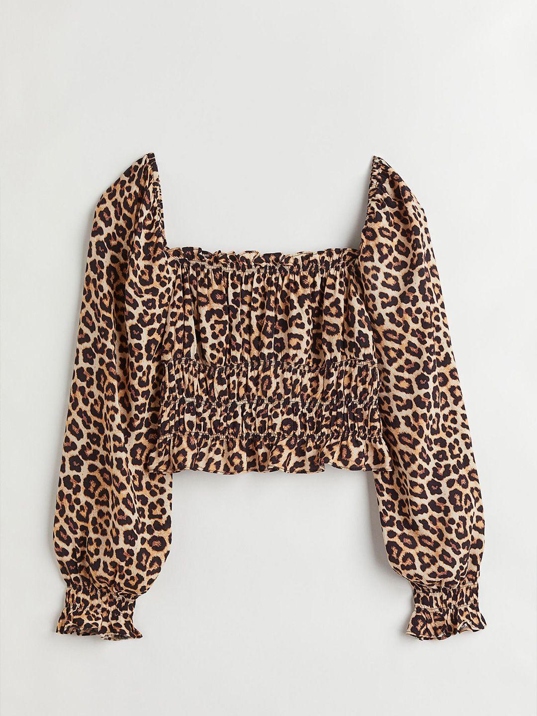 h&m woman beige leopard print frill-trimmed blouse