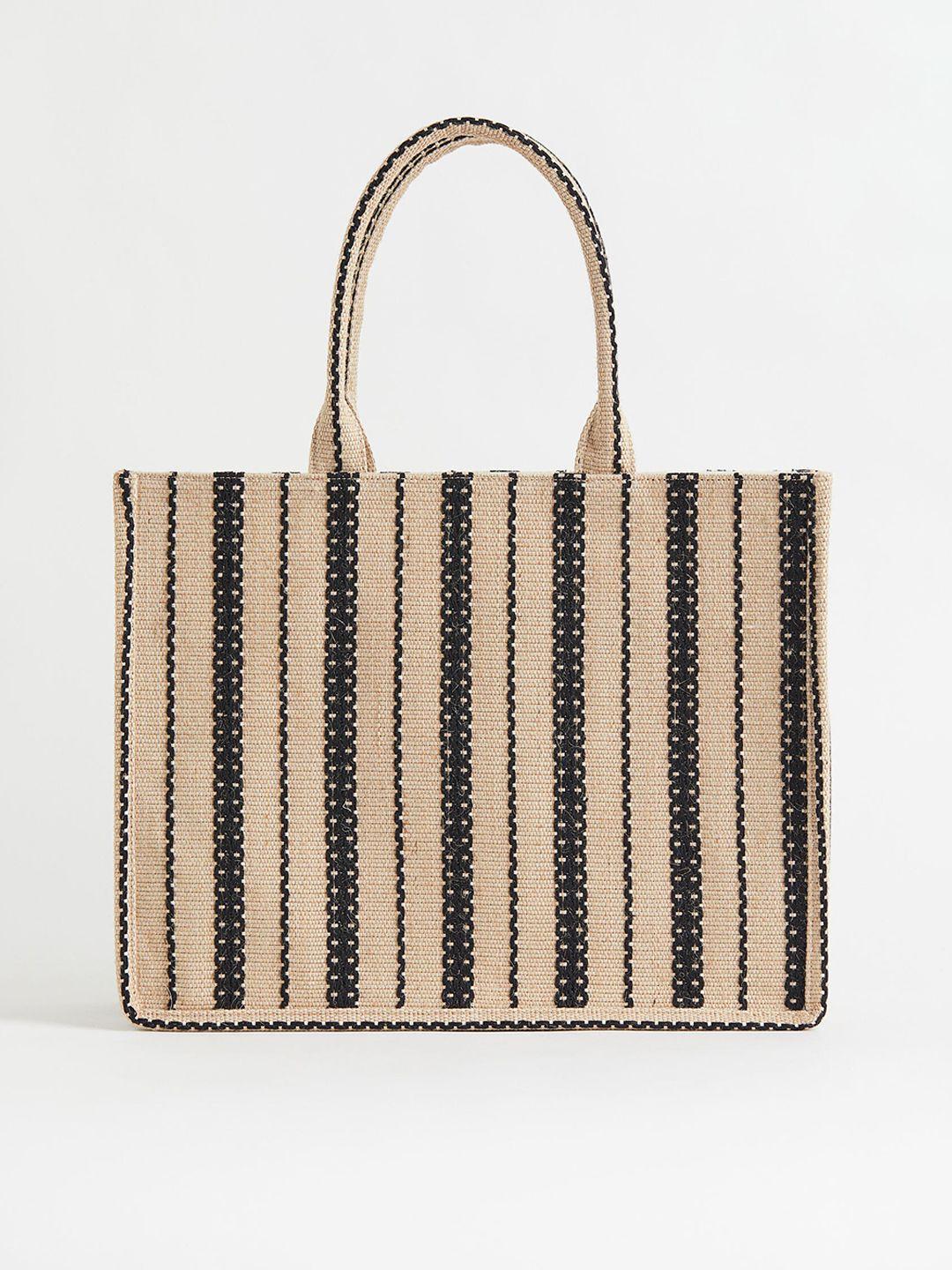 h&m women beige & black striped jacquard-weave handbag