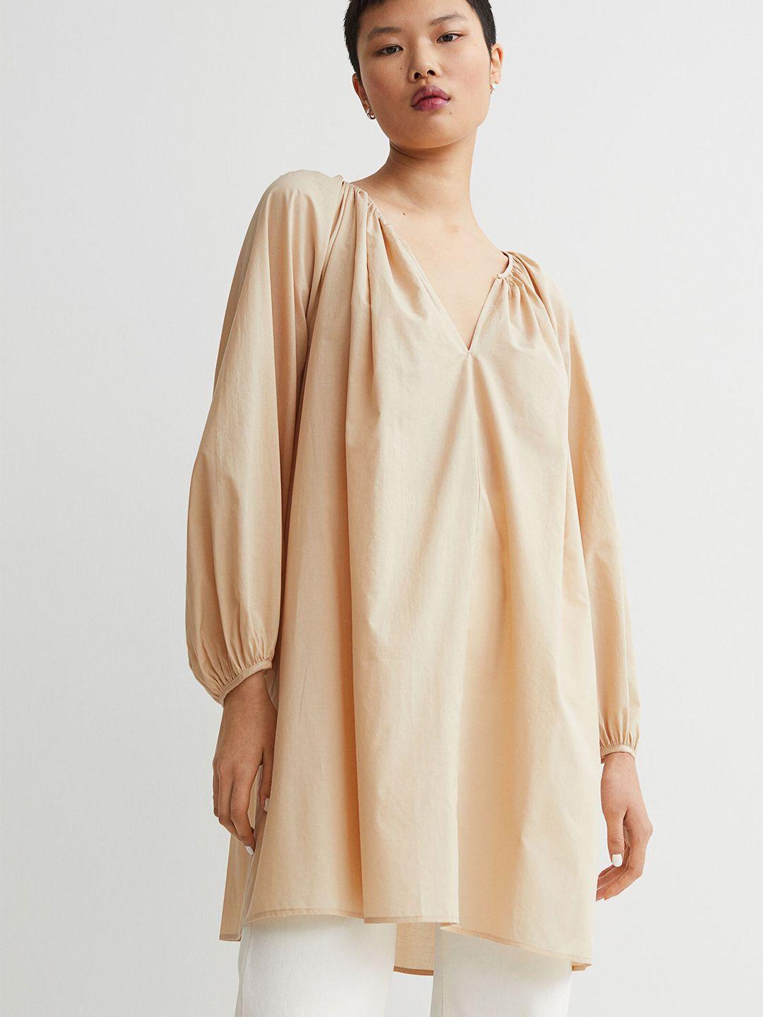 h&m women beige solid cotton a-line dress