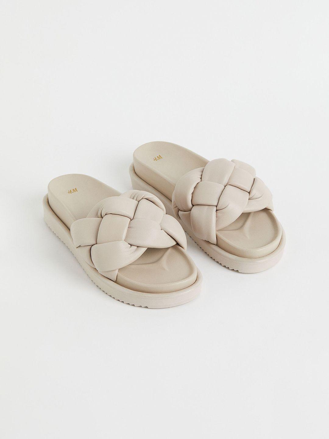 h&m women beige solid leather slides