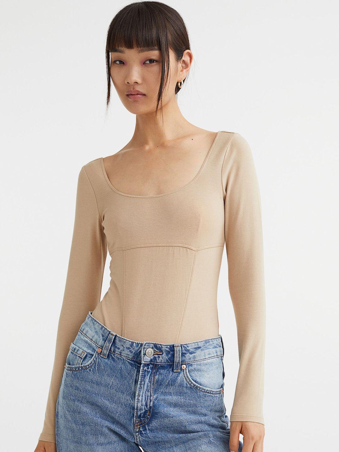 h&m women beige solid long-sleeved bodysuit