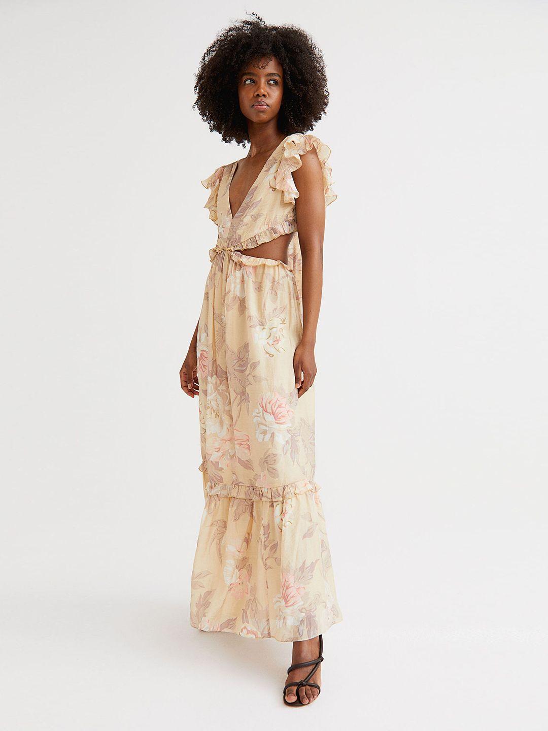 h&m women beige v-neck cut-out maxi dress