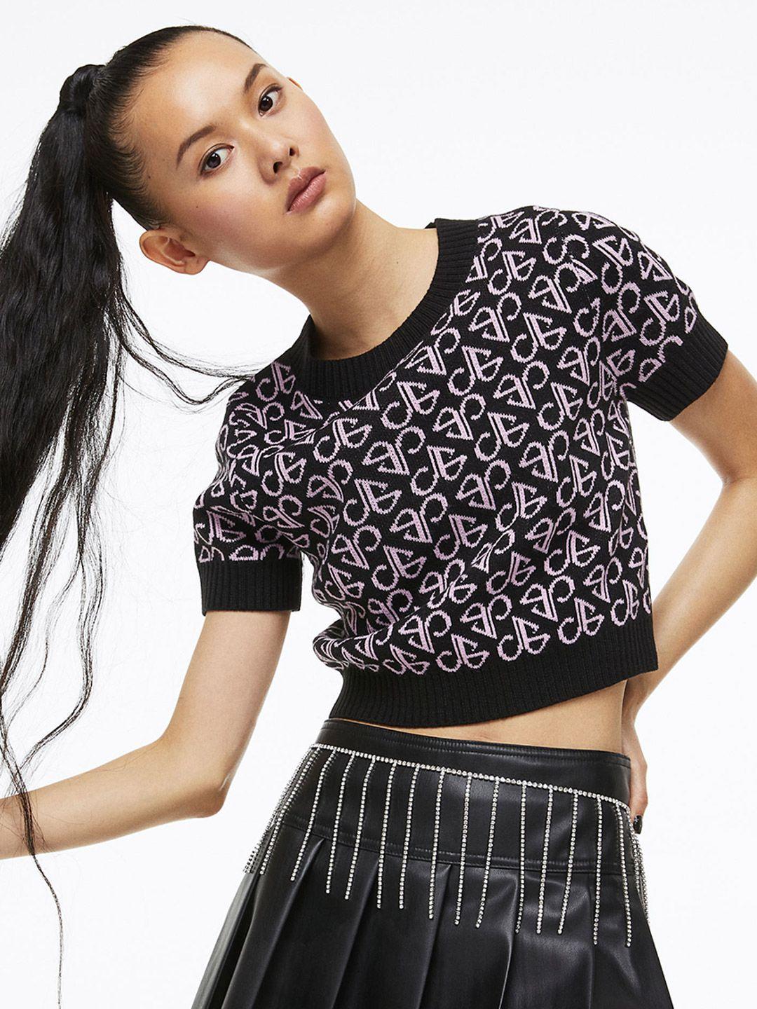 h&m women black & white cropped knitted top