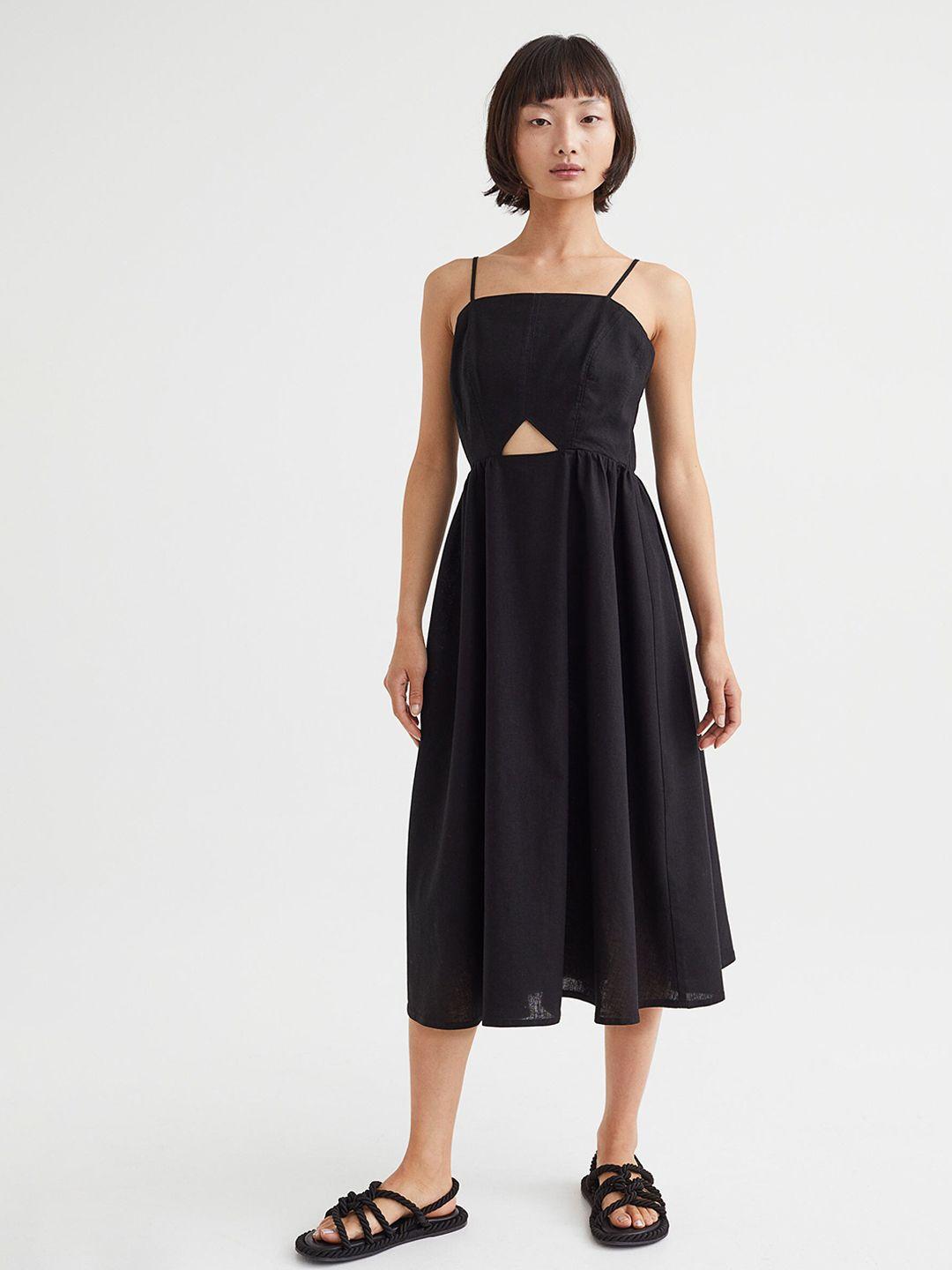 h&m women black linen-blend dress