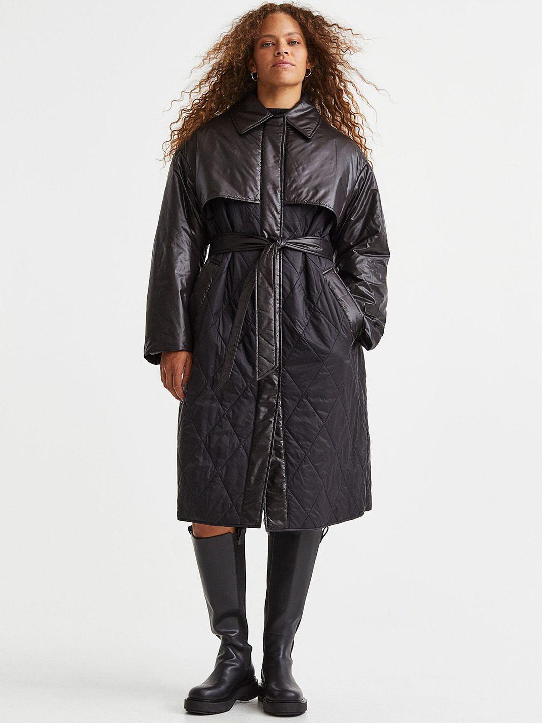 h&m women black oversized quilted coat