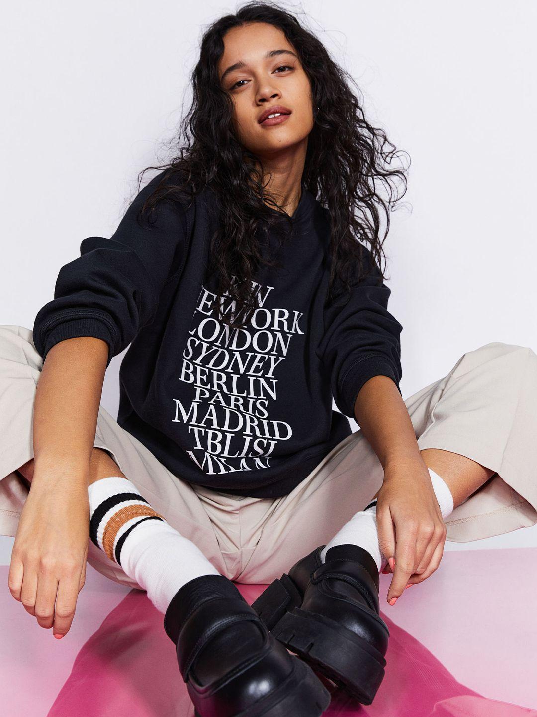 h&m women black printed sweatshirt