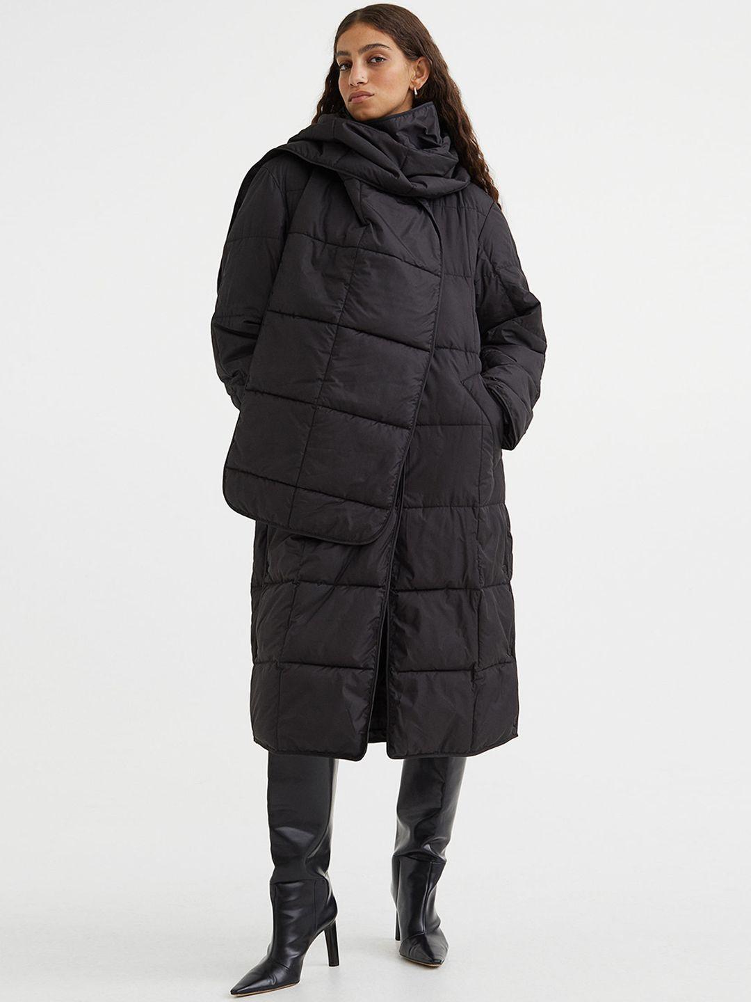 h&m women black quilted coat with scarf