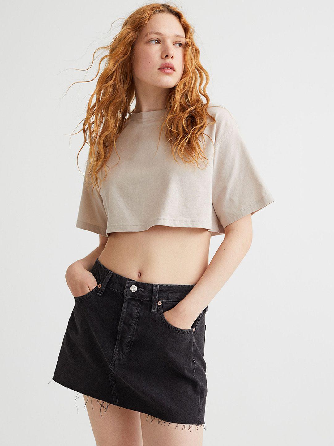 h&m women black solid  pure cotton denim skirts