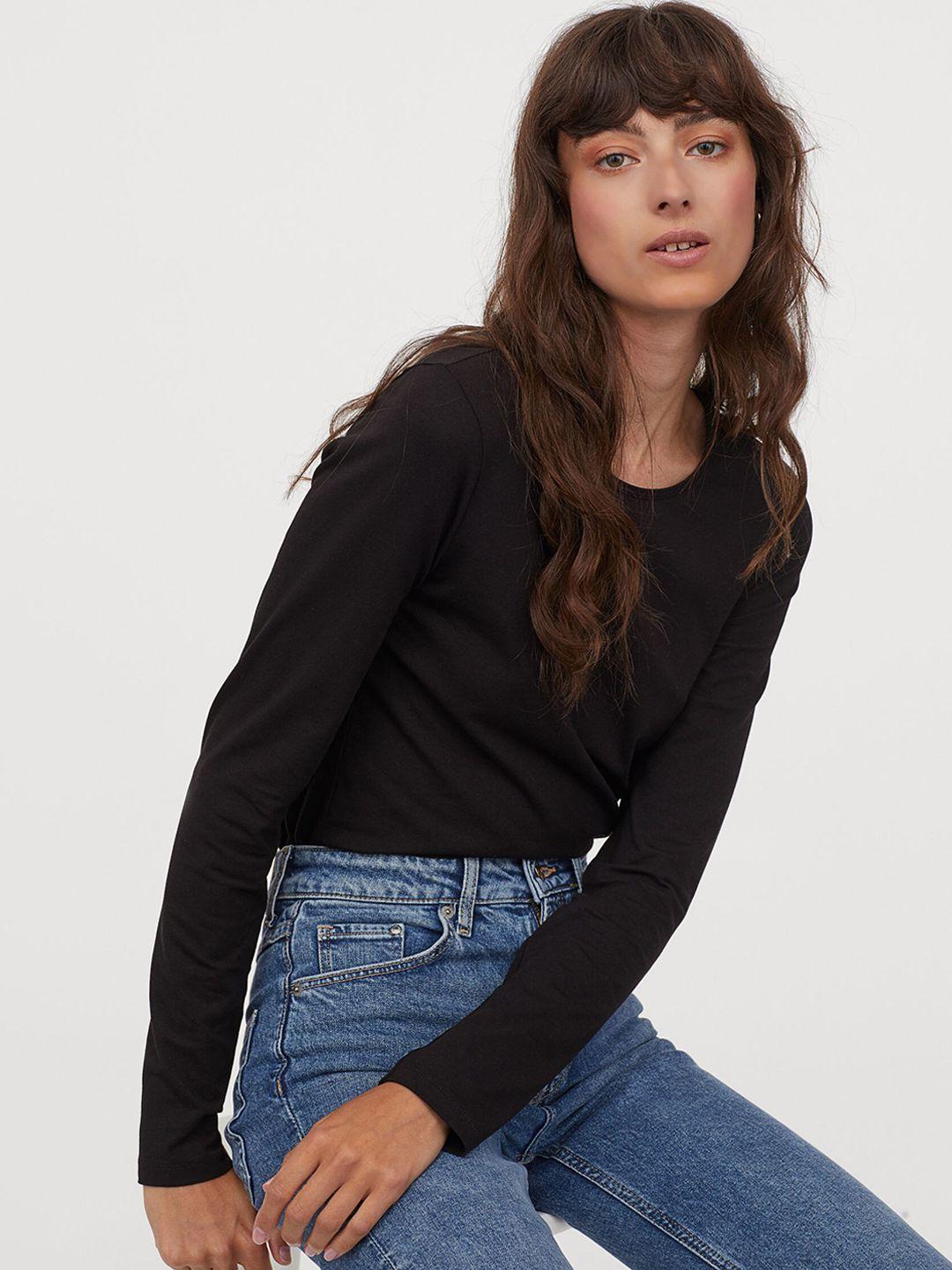 h&m women black solid long-sleeved jersey top