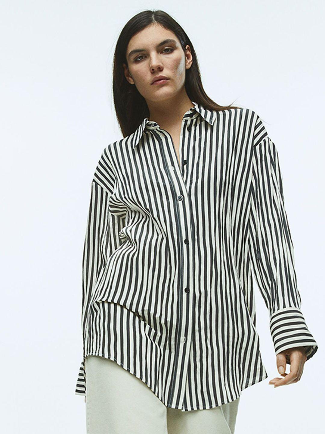 h&m women black striped casual shirt