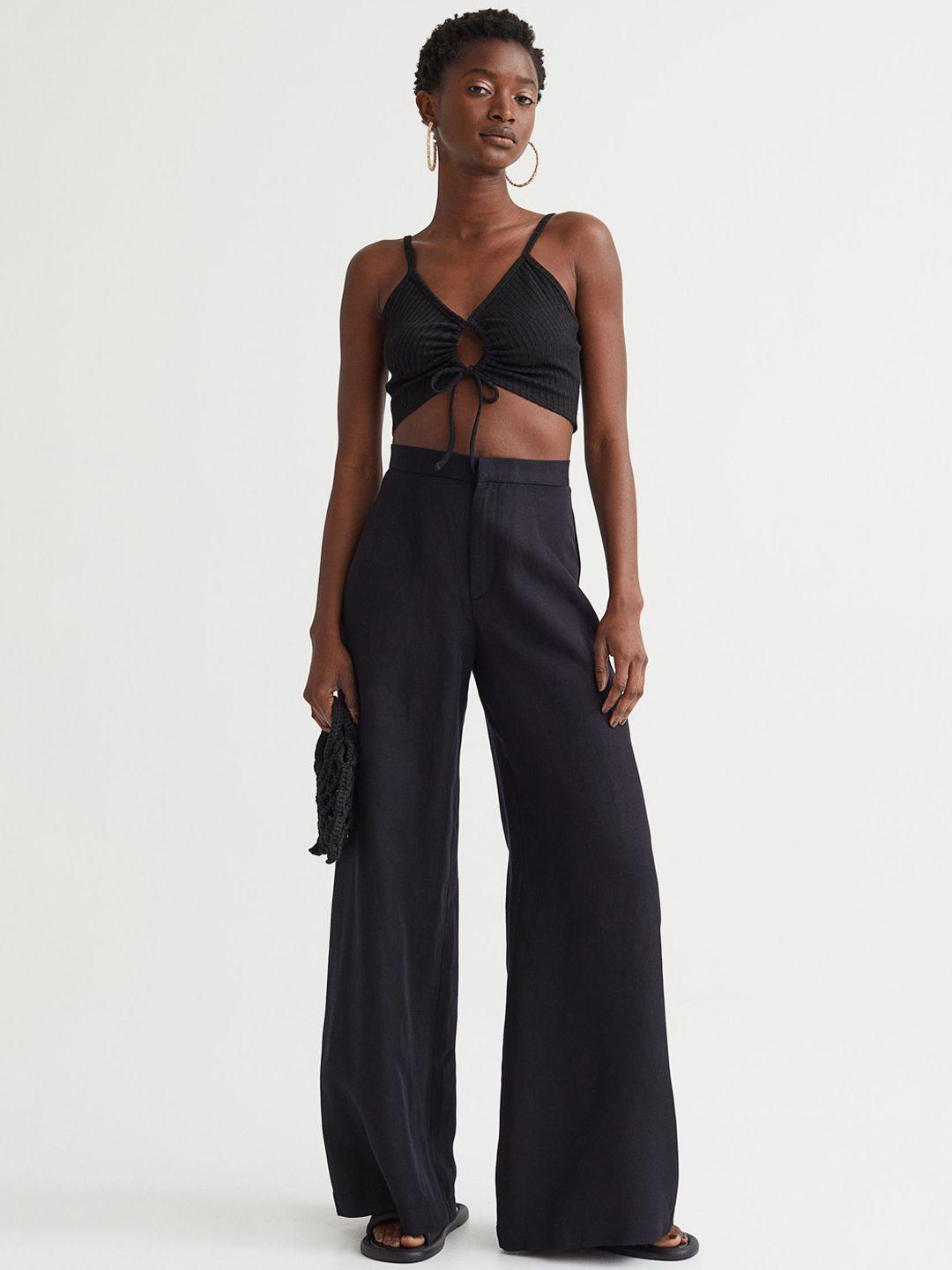 h&m women black tailored linen-blend trousers