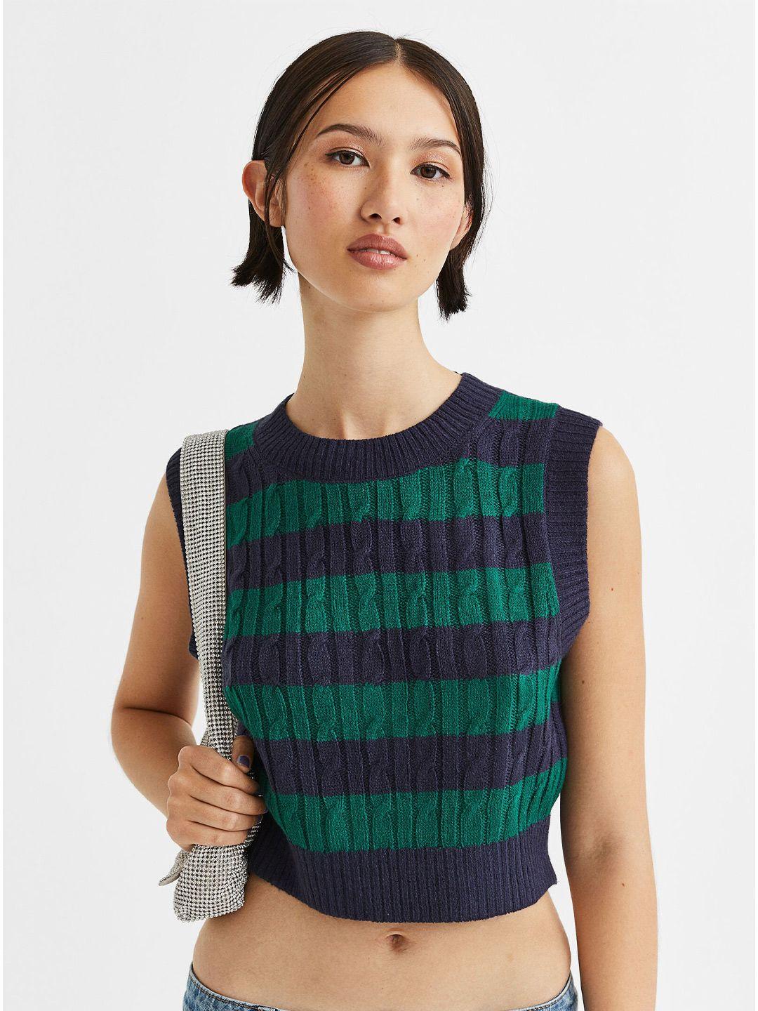 h&m women blue & green jacquard-knit sweater vest