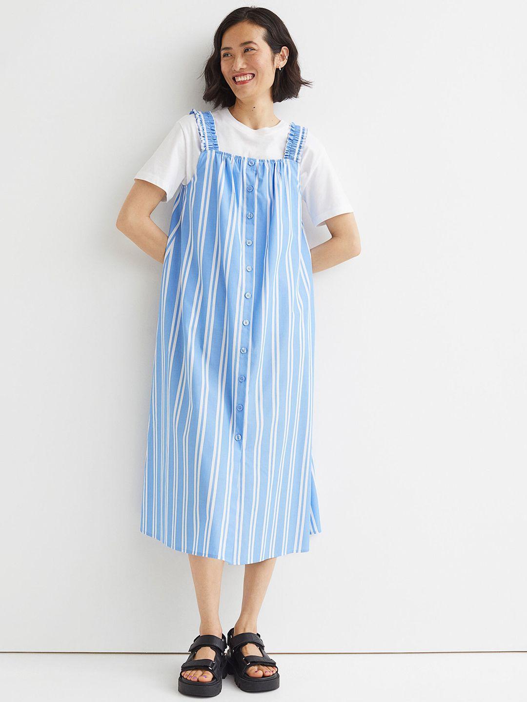 h&m women blue & white striped cotton a-line dress