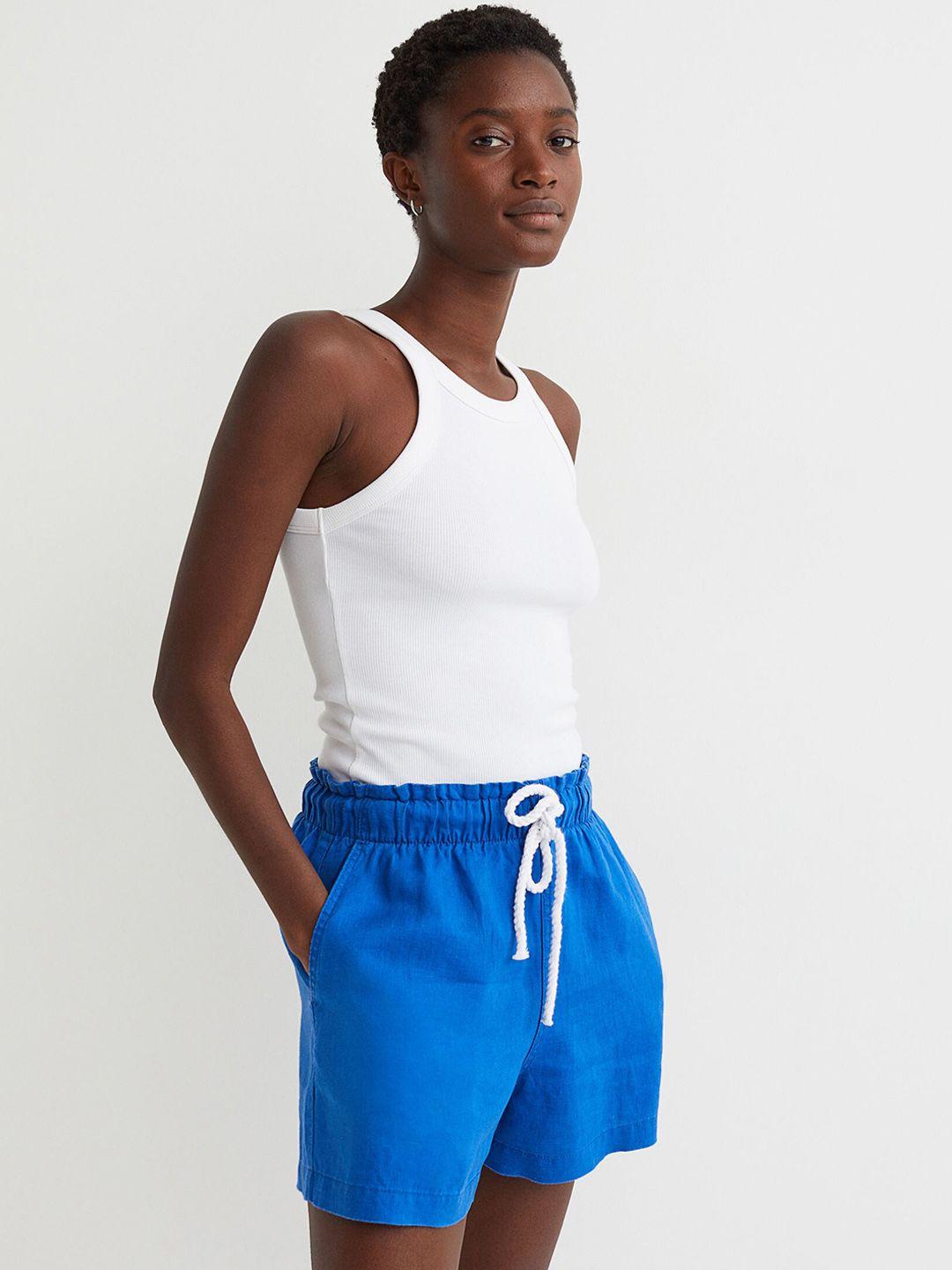 h&m women blue linen shorts