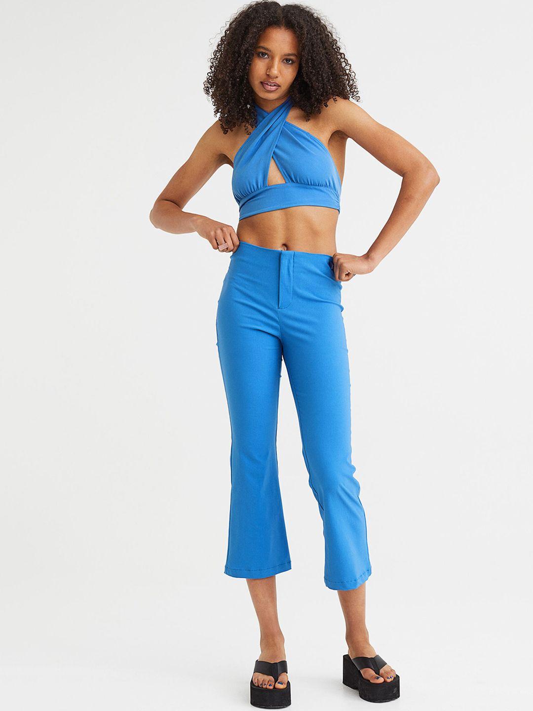 h&m women blue solid flared trousers