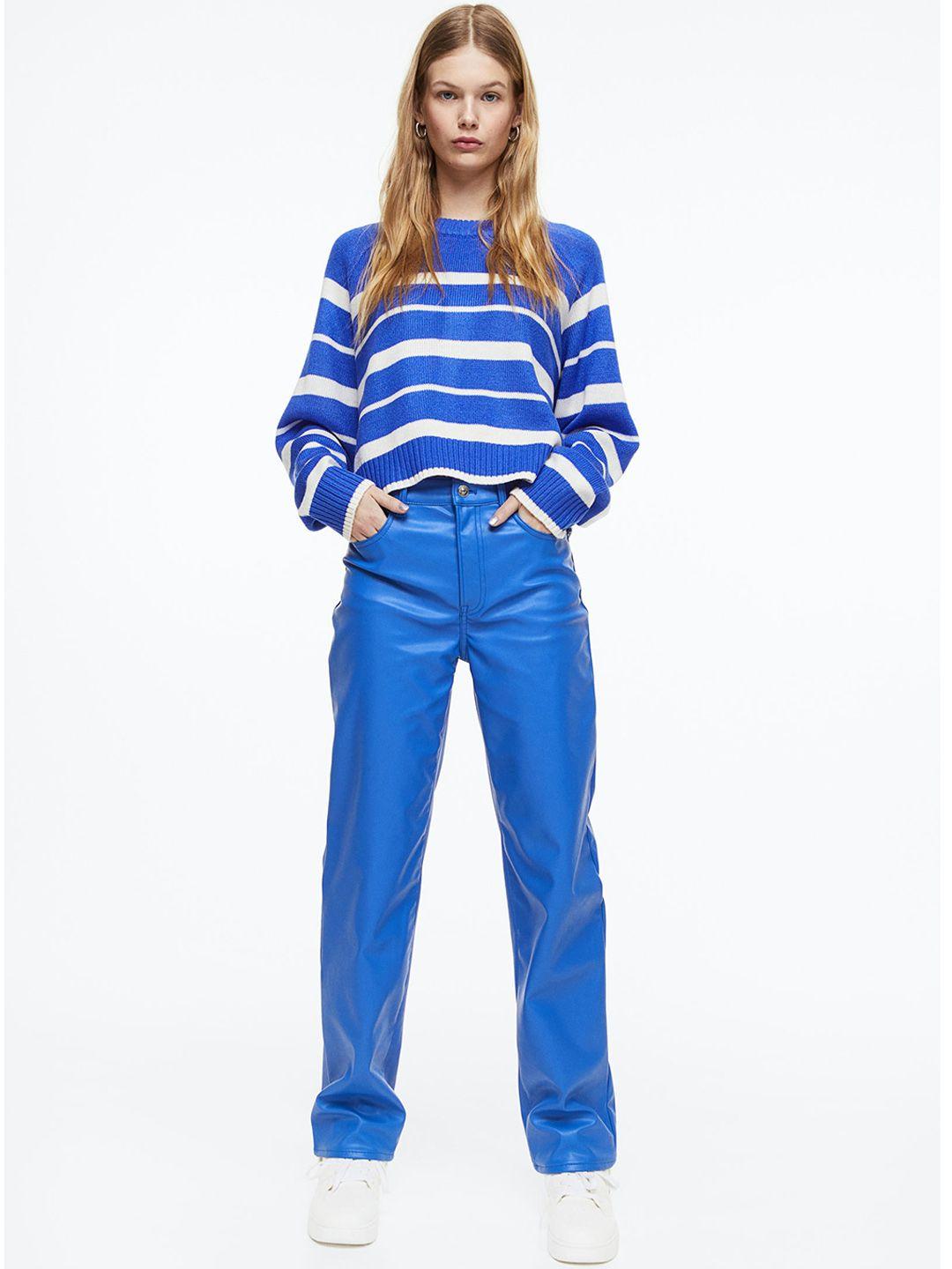 h&m women blue straight fit trousers