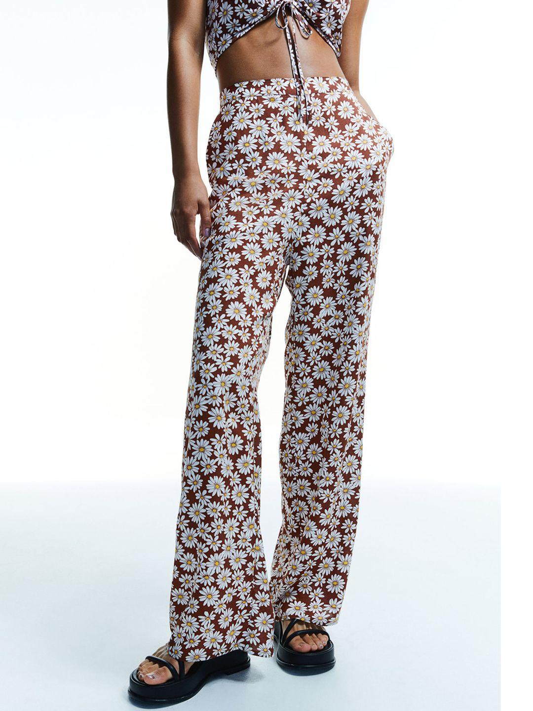 h&m women brown & white wide trousers