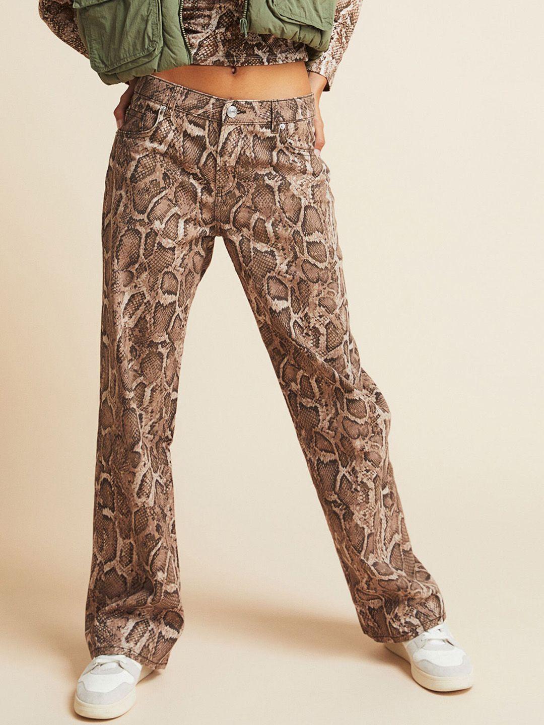 h&m women brown animal printed twill trousers