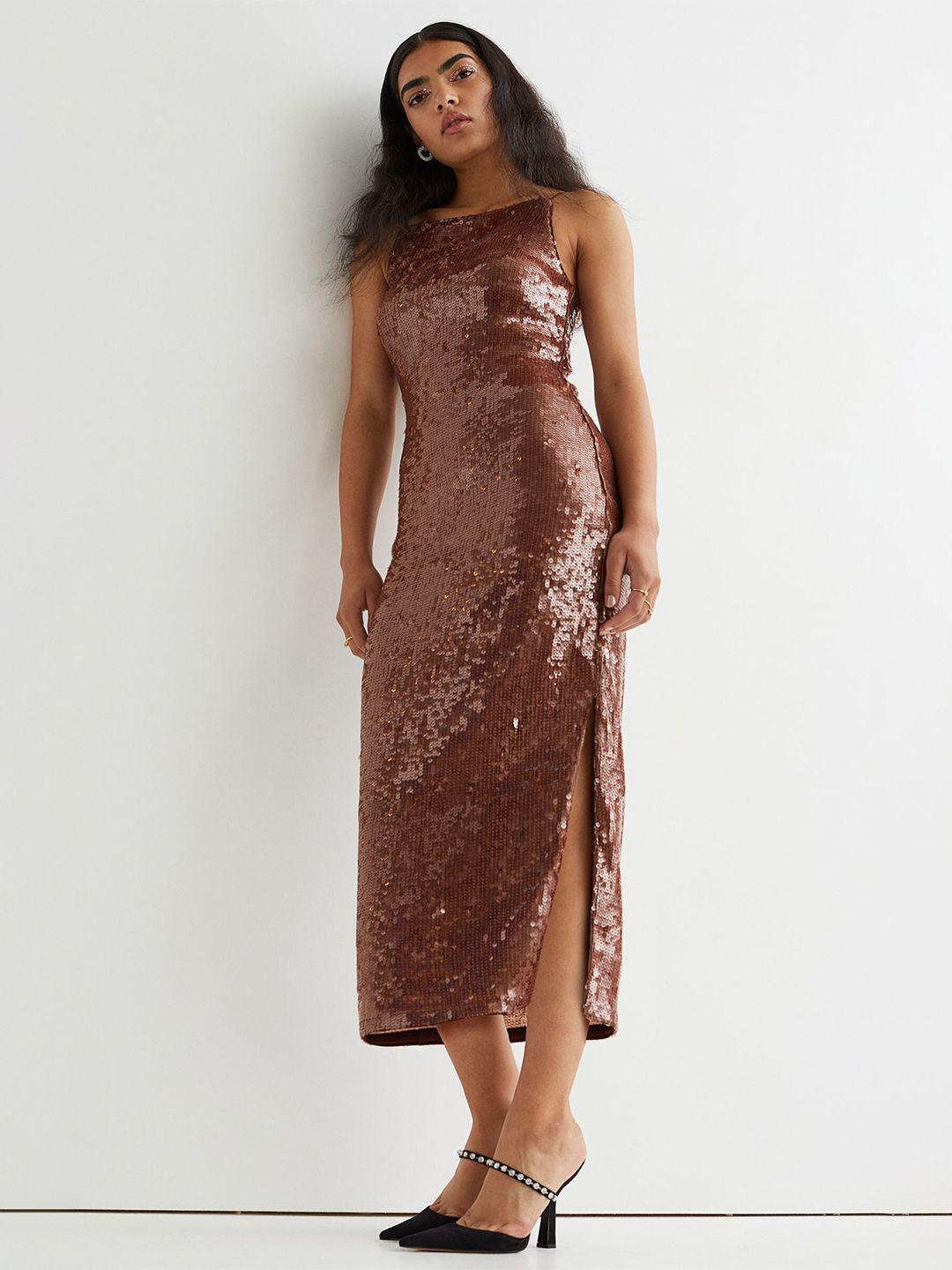 h&m women brown midi a-line sequined slit-detail dress