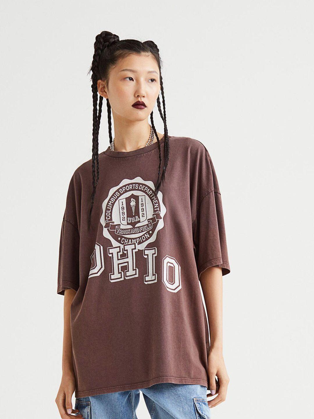 h&m women brown oversized printed t-shirt