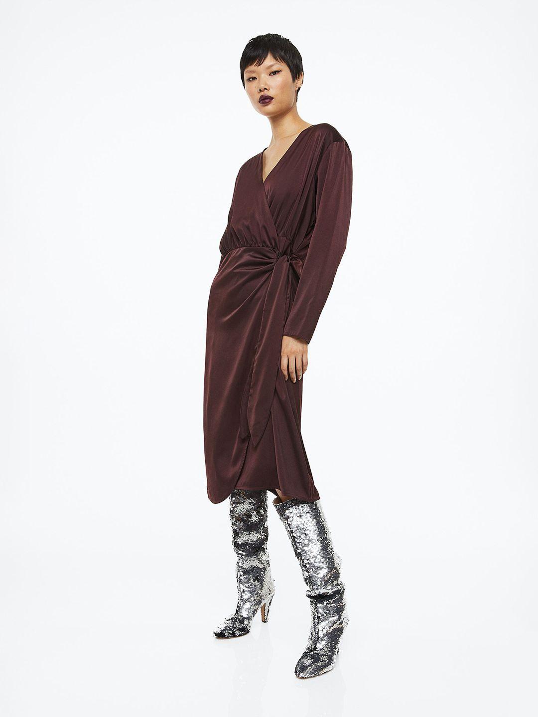 h&m women brown satin wrap dress