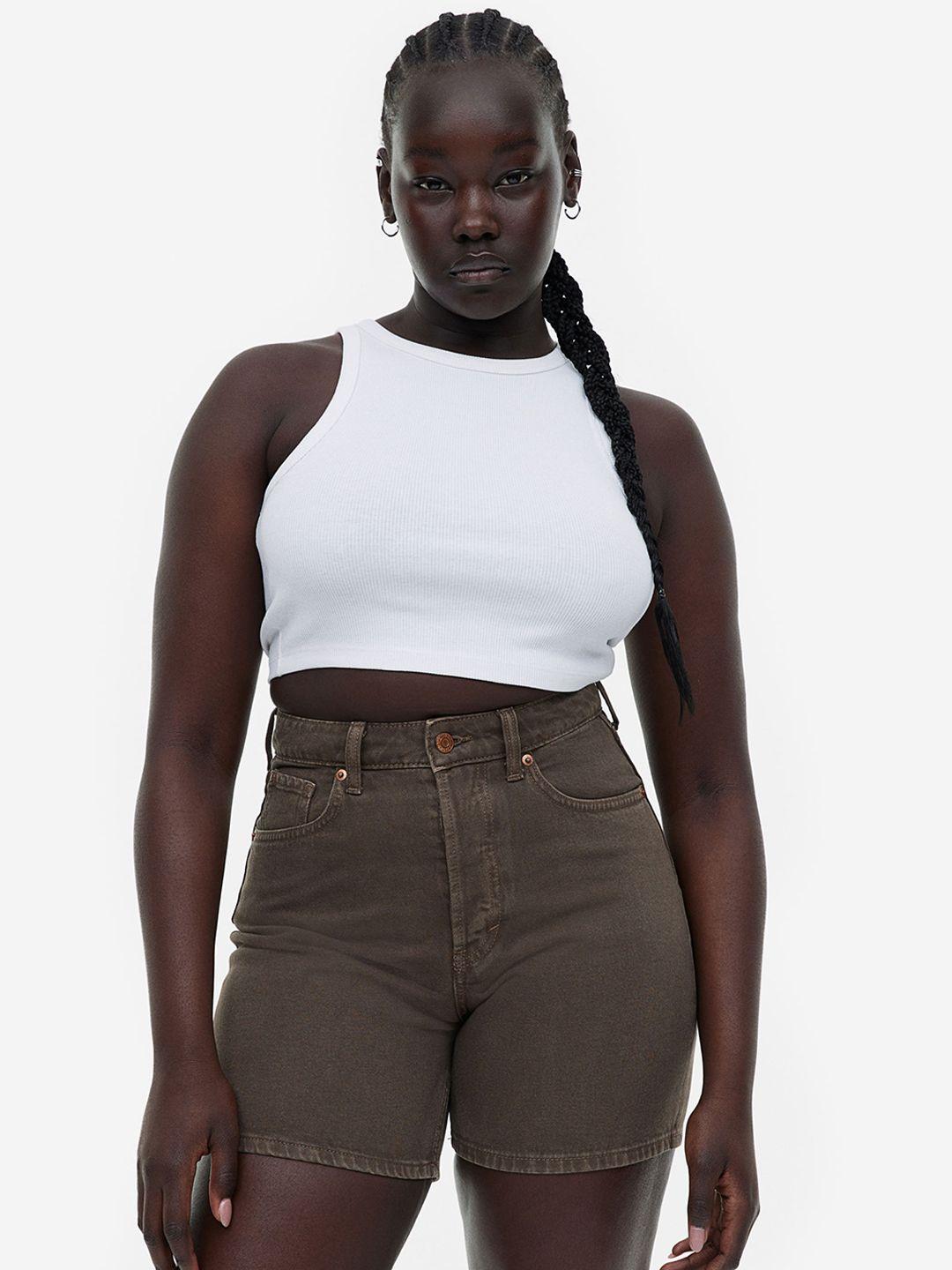 h&m women curvy fit bermuda high pure cotton denim shorts