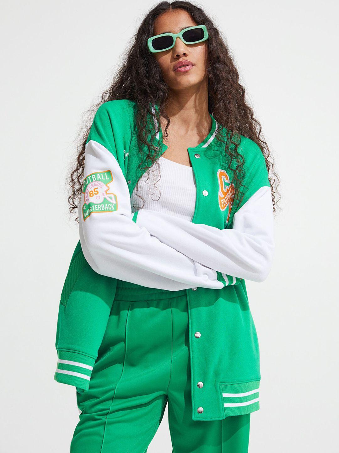 h&m women green & white colourblocked oversized baseball jacket