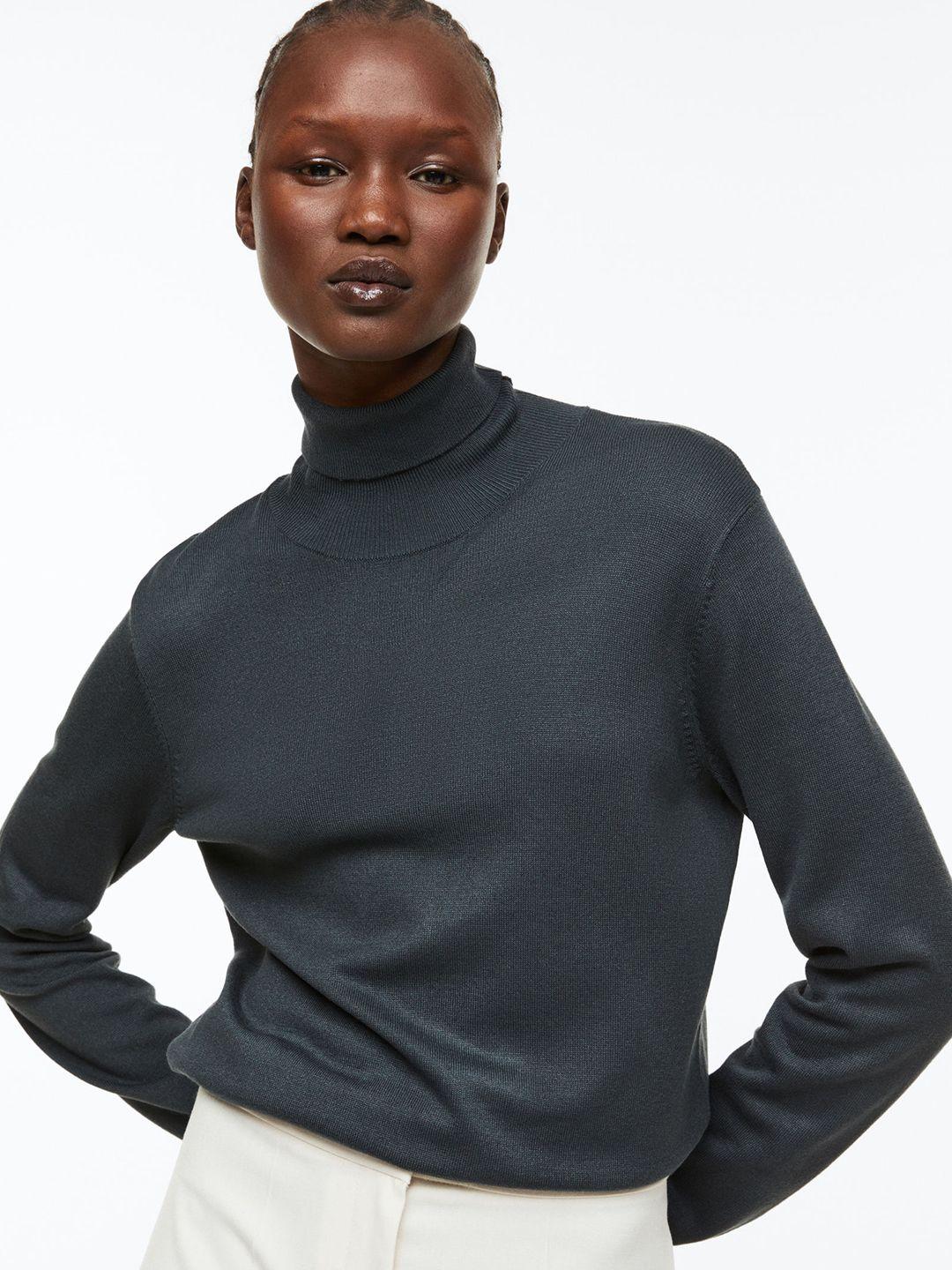 h&m women green fine-knit polo-neck jumper