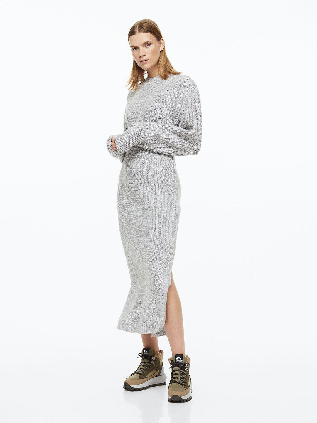 h&m women grey puff-sleeved rib-knit dress