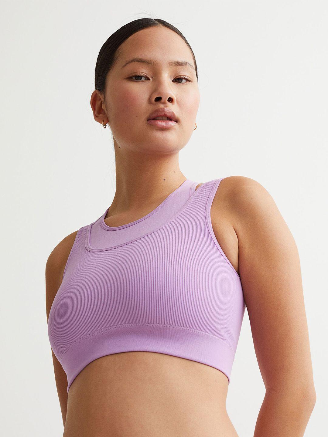 h&m women lavender solid seamless light support sports bra 1059204004