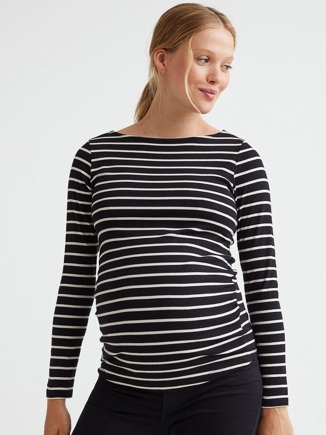 h&m women mama black & white striped long-sleeved cotton top