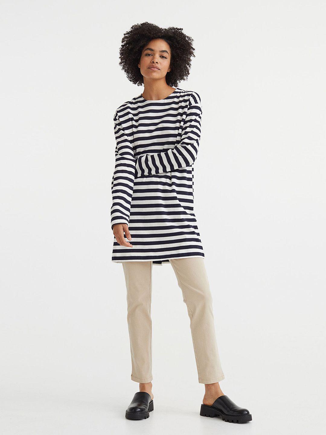 h&m women navy blue & white long-sleeved cotton dress