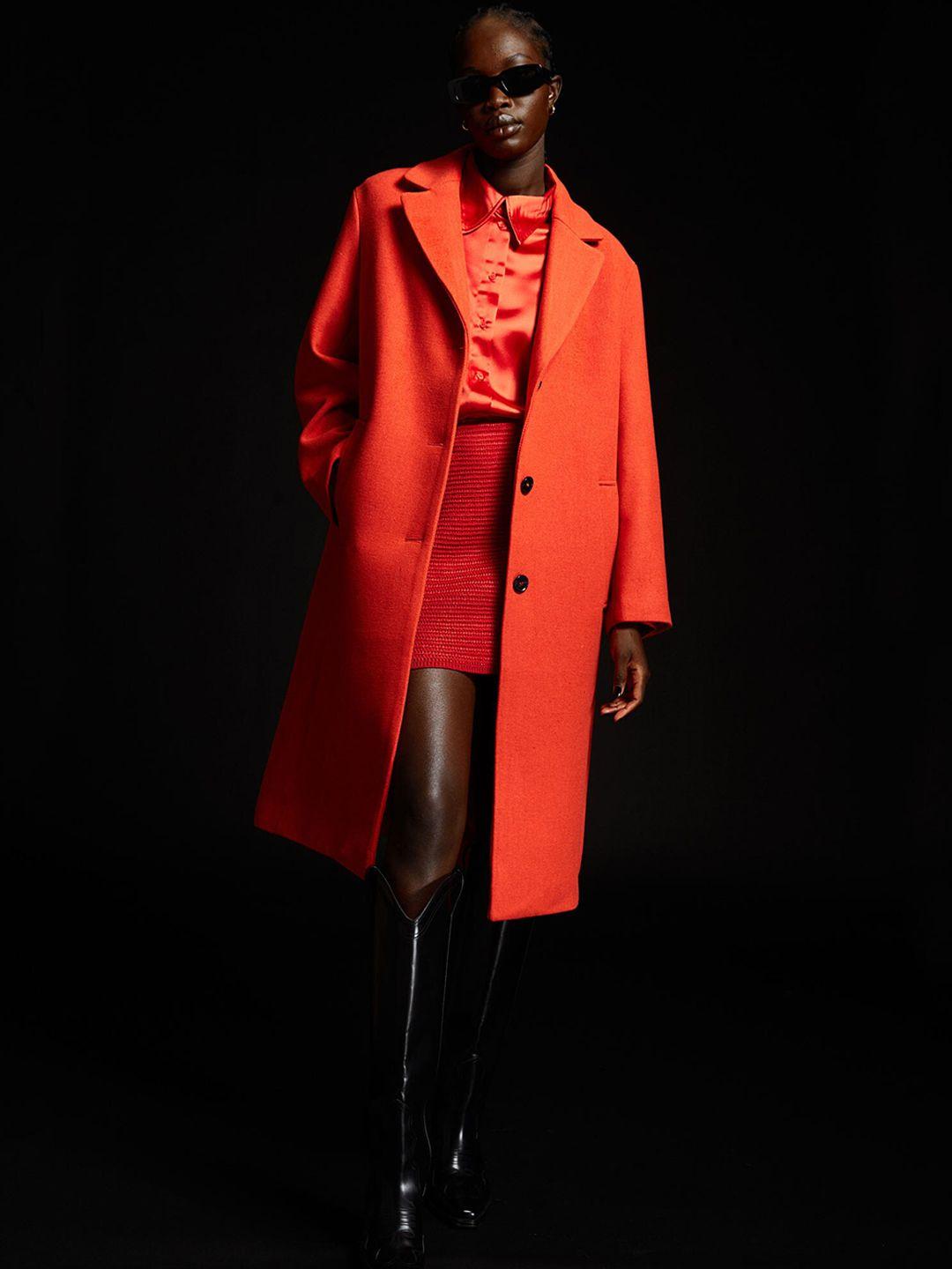 h&m women orange-colored solid knee-length single-breasted coat