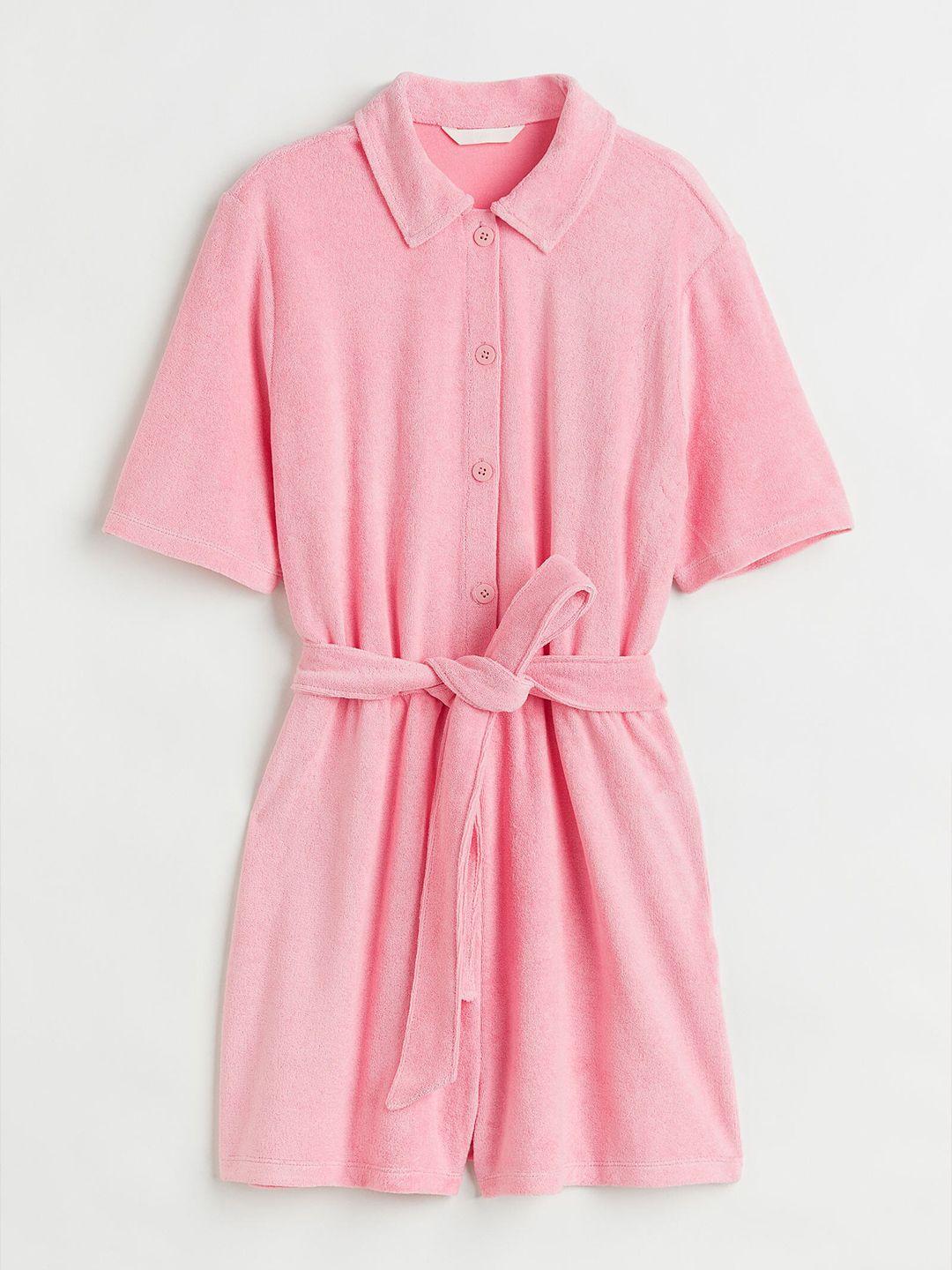 h&m women pink solid shirt collar playsuit