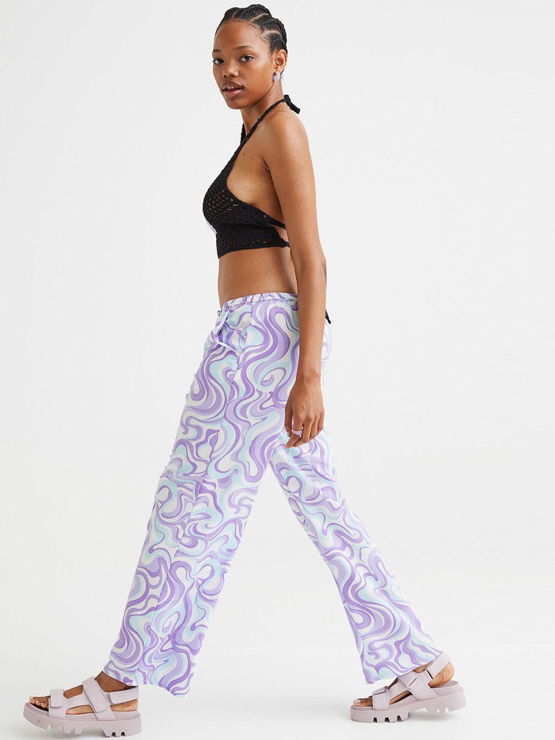 h&m women purple & turquoise blue printed wide trousers