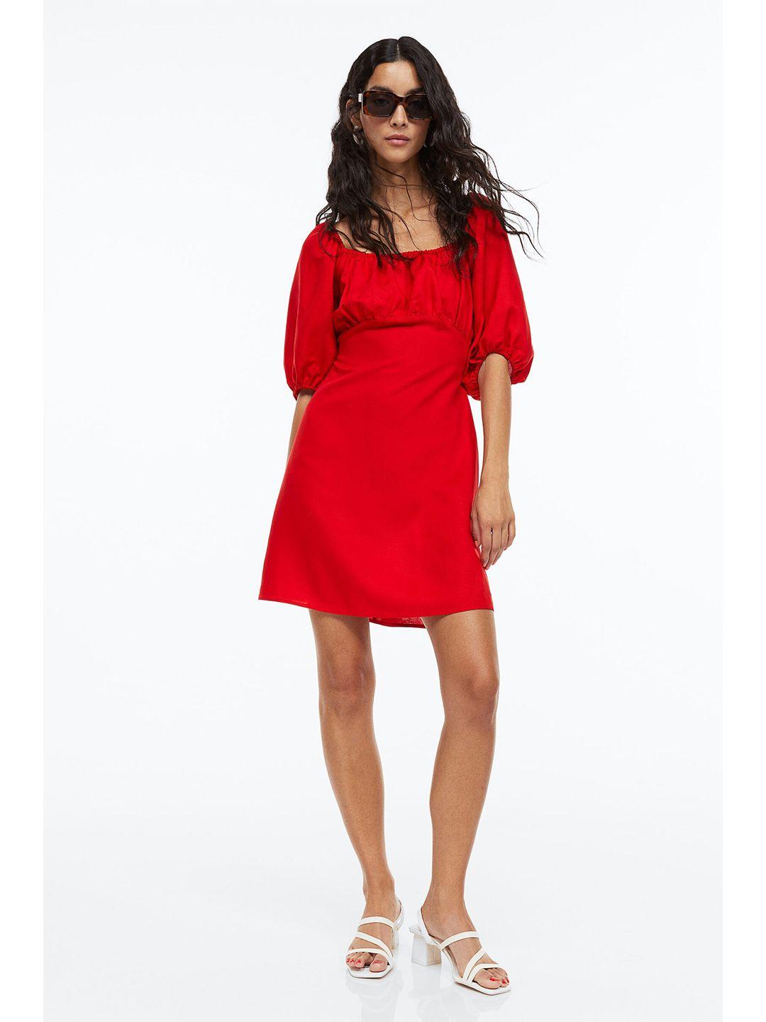 h&m women red puff-sleeved dress