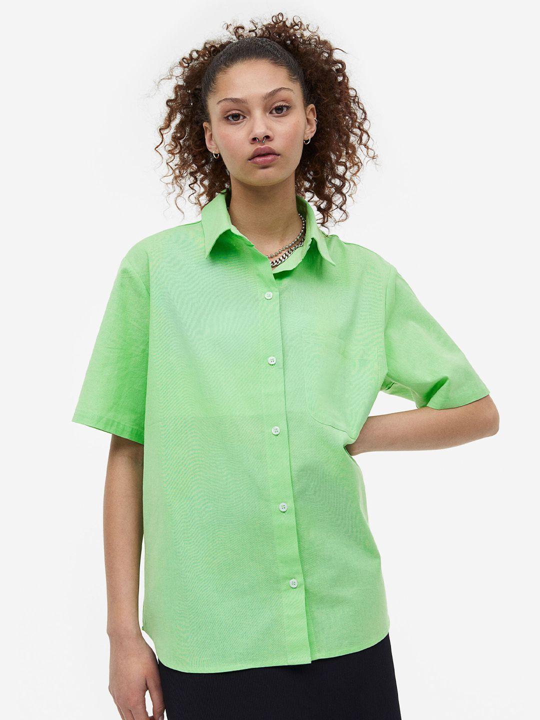 h&m women short sleeved linen-blend shirt
