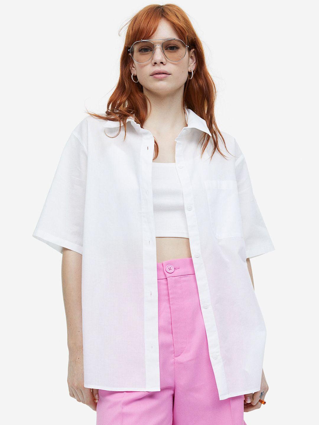 h&m women short-sleeved linen-blend shirt