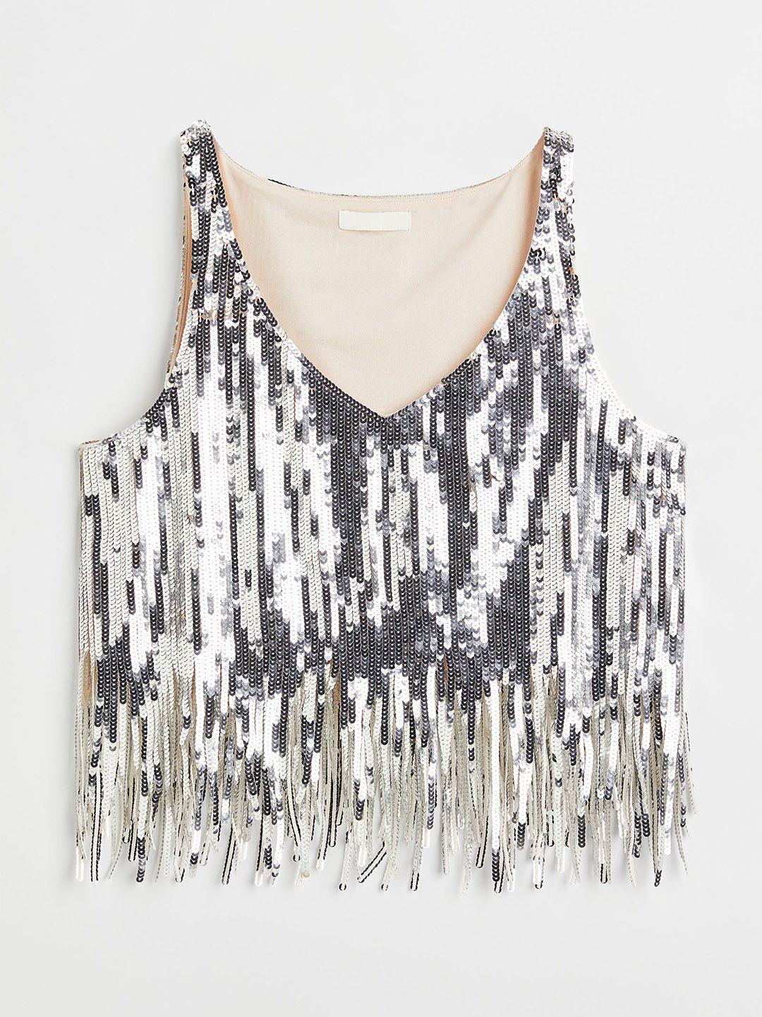 h&m women silver-coloured sequined cropped top