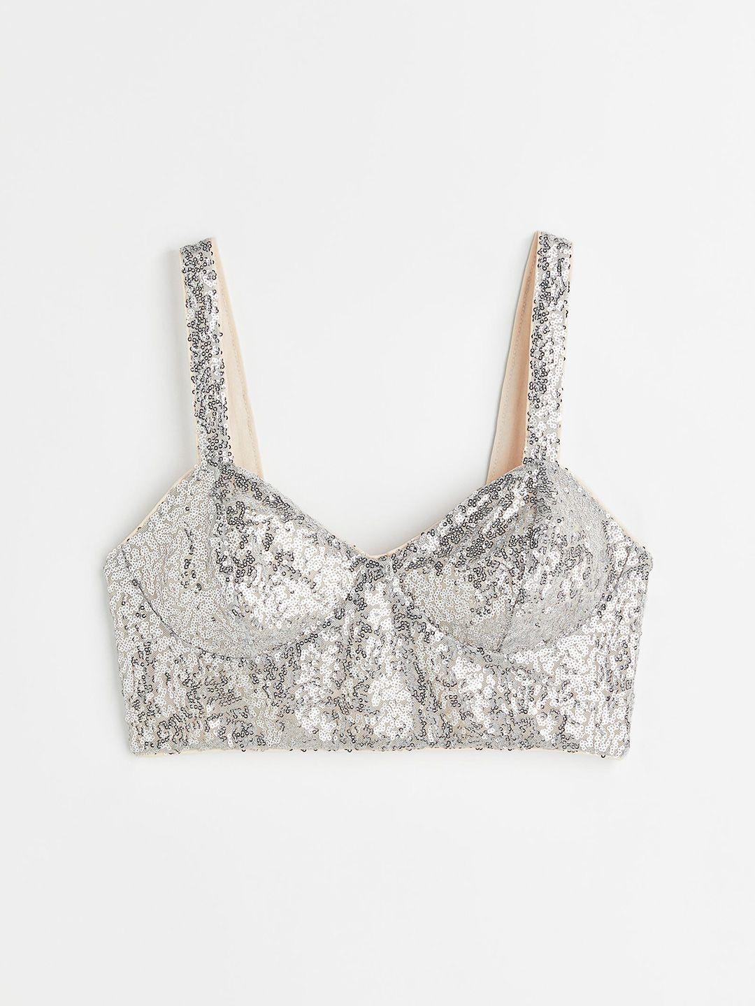 h&m women silver-toned sequined crop top