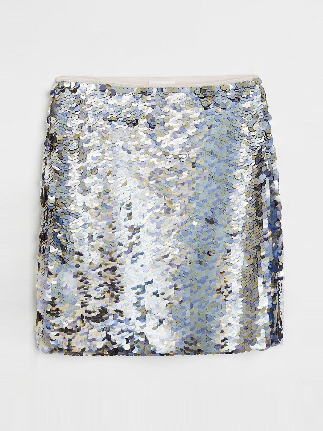 h&m women silver-toned sequined skirt