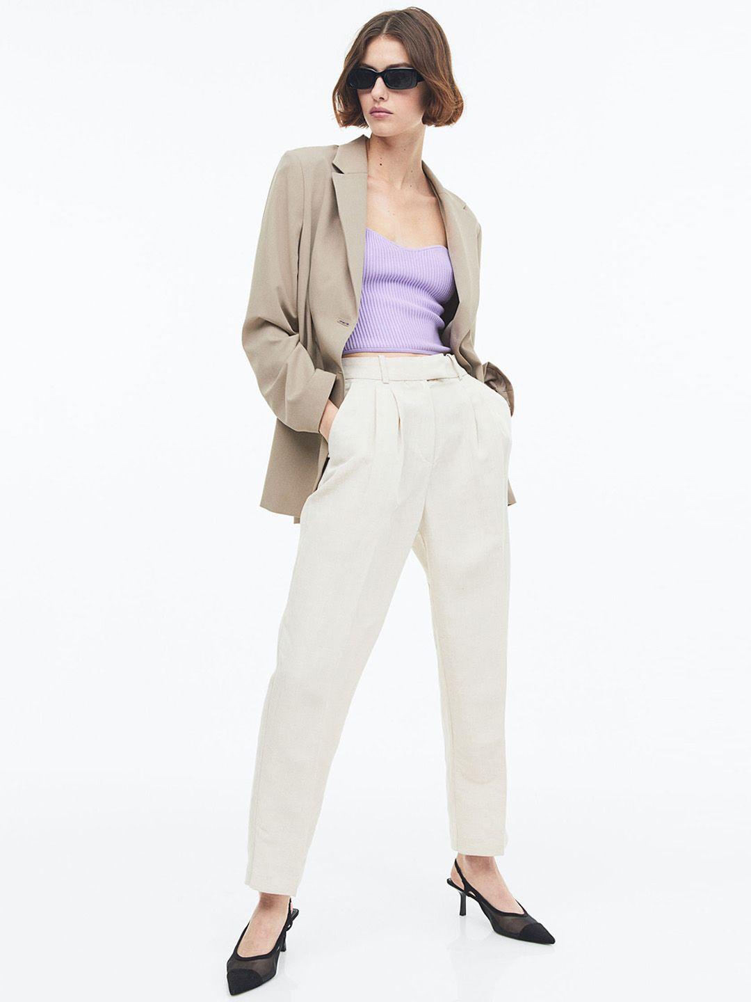 h&m women tapered linen-blend trousers