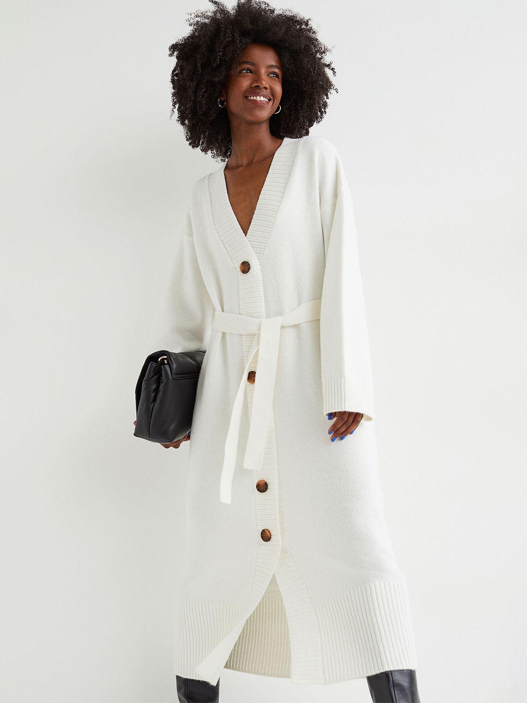 h&m women white sweater tie-belt knitted dress