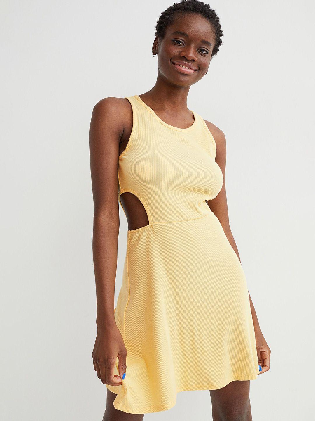 h&m women yellow round neck ribbed jersey dress